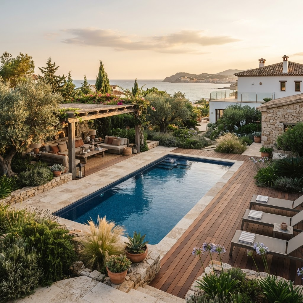 Exterior mediterráneo con piscina, terraza y vegetación en una vivienda de Sitges