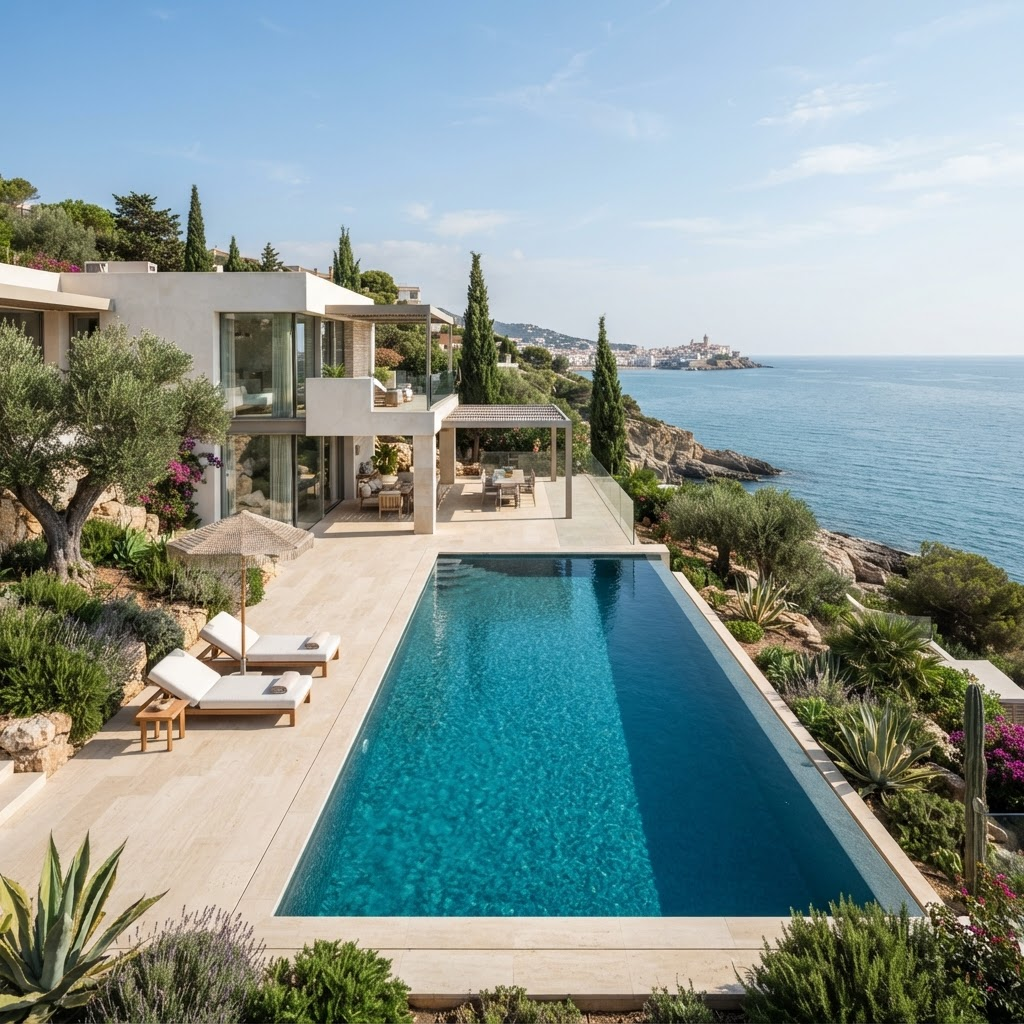 Piscina de obra integrada en una vivienda mediterránea de Sitges